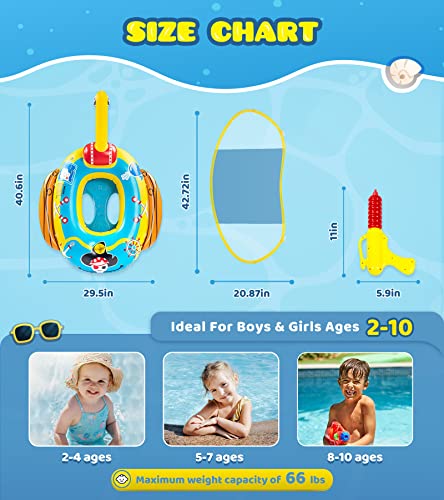 2X Thicken Pool Floats Kids with Water Gun, UPF50+ Adjustable Canopy Inflatable Pirate Boat Shaped Toddler Pool Float with Safety Seat, Durable Pool Toys for Kids Ages 2-10 for Boys and Girls