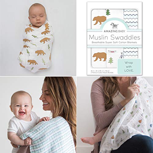 Amazing Baby Cotton Muslin Swaddle Blankets, Set of 3, Outdoor Adventure, Neutral