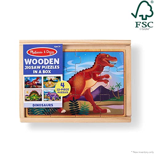 Melissa and Doug Dinosaurs 4-in-1 Wooden Jigsaw Puzzles in a Storage Box (48 pcs) - Kids Puzzle, Dinosaur Puzzles for Kids Ages 3+ - FSC-Certified Materials