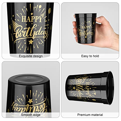 Shojoy 40 Pack Happy Birthday Party Cups Black and Gold Birthday Stadium Cups 8 Ounces Reusable Plastic Tumblers for Birthday Anniversary Party Supplies Decors