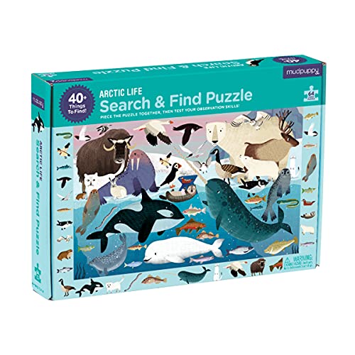 Mudpuppy Arctic Life Search and Find Puzzle, 64 Pieces, 23”x15.5” – For Kids Age 4-7 - Colorful Illustrations of Animals, Fish, Birds Living in the Arctic – Complete Puzzle to Find 40+ Hidden Images