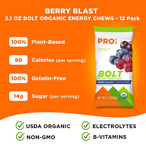 PROBAR - Bolt Organic Energy Chews, Berry Blast, Non-GMO, Gluten-Free, USDA Certified Organic, Healthy, Natural Energy, Fast Fuel Gummies with Vitamins B and C (12 Count)