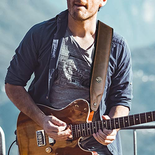 Rinastore Guitar Strap Leather 3 Inch Wide Full Grain Padded Soft Leather Strap for Acoustic, Electric and Bass Guitars (Whiskey Brown)