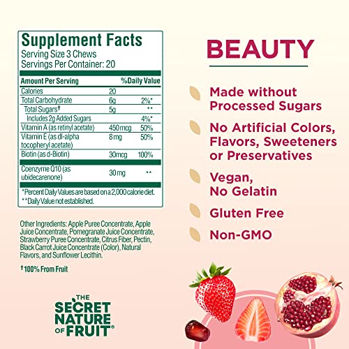 The Secret Nature of Fruit Beauty Chews, Real Fruit Powered Vitamin Chews with Vitamins A and E, Biotin, CoQ10, Strawberry and Pomegranate for Healthy Hair, Skin and Nails, Gummy, (60 Count)