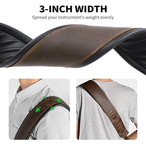 Rinastore Guitar Strap Leather 3 Inch Wide Full Grain Padded Soft Leather Strap for Acoustic, Electric and Bass Guitars (Whiskey Brown)