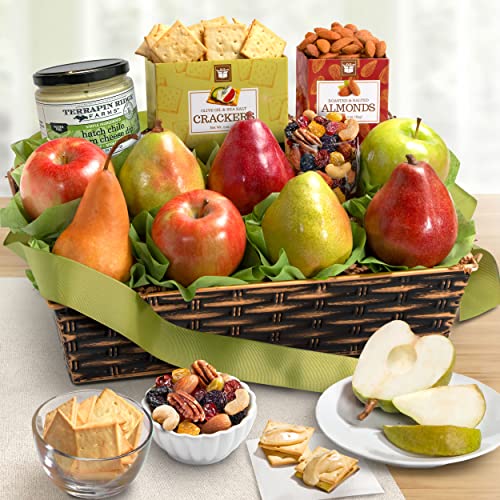 Classic Fresh Fruit Basket Gift with Crackers, Cheese and Nuts for Christmas, Holiday, Birthday, Corporate