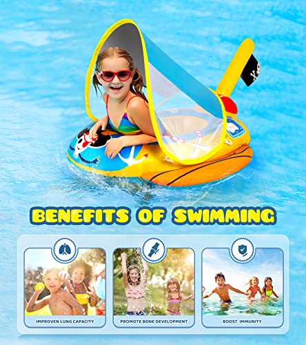 2X Thicken Pool Floats Kids with Water Gun, UPF50+ Adjustable Canopy Inflatable Pirate Boat Shaped Toddler Pool Float with Safety Seat, Durable Pool Toys for Kids Ages 2-10 for Boys and Girls