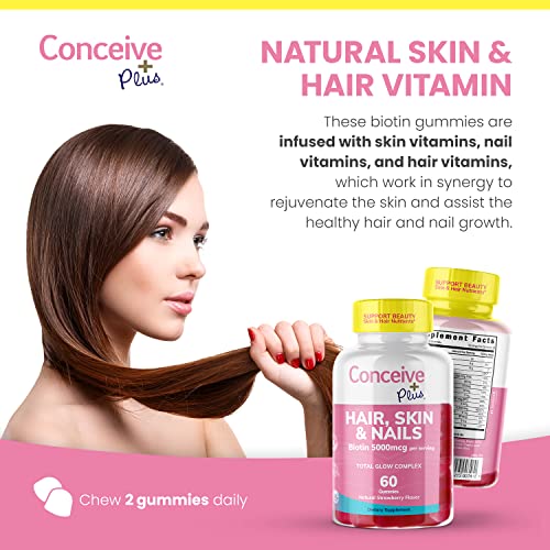 CONCEIVE PLUS Hair Skin and Nails Gummies - Extra-Strength Biotin, VIT A, C, D3, E Vitamins - Vegan, Hair Growth Supplement - Gelatin-Free - 60 Count