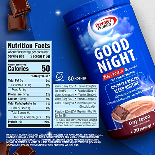 Premier Protein Good Night Protein Powder, Hot Cocoa Mix, 10g Protein, 0g Sugar, 11 Vitamins and Minerals, Nighttime Protein Blend, Magnesium, Zinc, 20 Serve, 1 Tub