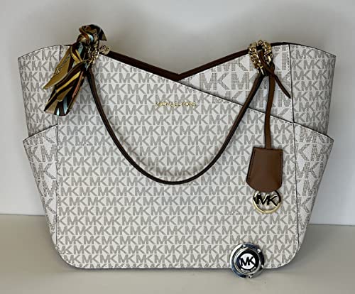 Michael Kors Women's Jet Set Travel Large Chain Shoulder Bag bundled Purse Hook and Skinny Scarf (Signature MK Vanilla)