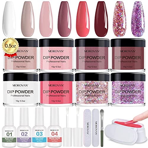 Morovan Dip Powder Nail Kit Starter - 8 Colors Nail Dip Powder Kit Dipping Powder with Base Top Coat Activator Brush Saver Dip Powder Kit for Dipping Nails DIY at Home Salon