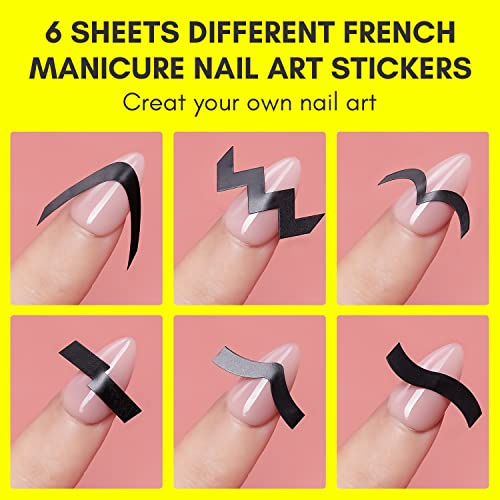 Makartt 7PCS French Nail Art Stickers Kit, 8ML White Gel Nail Polish,6 Sheets French Tip Stickers, Self-Adhesive French Manicure Strips Guides French Edge Auxiliary Kit For Beginner DIY Nail Design