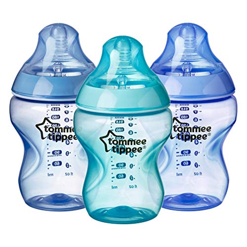 Tommee Tippee Closer to Nature Baby Bottles, Slow Flow Breast-Like Nipple with Anti-Colic Valve, 9oz, 3 Count, Colour My World Pacific - Blue