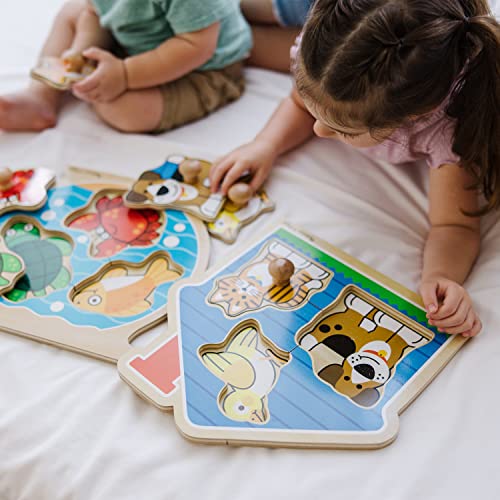 Melissa and Doug Animals Jumbo Knob Wooden Puzzles Set - Fish and Pets - Chunky Wooden Puzzles for Toddlers, Animal Puzzles For Kids Ages 1+