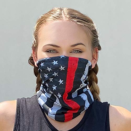 Neck Gaiter Face Mask Scarf - Proudly Made in The USA. Sun and Dust Protection, Sport, Bandanas for Fishing, Hiking, Cycling, Motorcycling, Running - Green Camo Flag and Red Stripe Flag