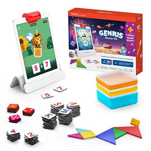 Osmo-Genius Starter Kit for iPad + Family Game Night-7 Educational Learning Games for Spelling and Math-Ages 6-10-STEM Toy Gifts for Kids-Boy andGirl-6 7 8 9 10(Osmo iPad Base Included - Amazon Exclusive)