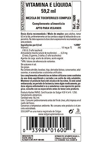 Solgar Liquid Vitamin E (with dropper), 2 fl. oz. - Antioxidant, Skin and Immune Support, Overall Health - Natural, Liquid Vitamin E - Non-GMO, Vegan, Gluten Free, Dairy Free, Kosher - 118 Servings