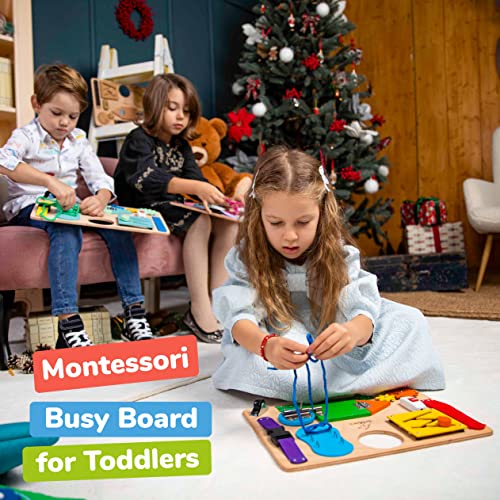 deMoca Busy Board for Toddlers, Montessori Toy for 3 Year Old with 10 Educational Toddler Activities to Develop Fine Motor Skills, Learning Wooden Travel Toy for Plane and Car Journey