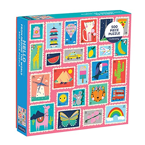 Mudpuppy Hello from Around The World 500 Piece Jigsaw Puzzle for Kids and Families, Family Puzzle with Colorful Worldwide Stamps, Great for Family Time, Promotes Problem-Solving, Multicolor