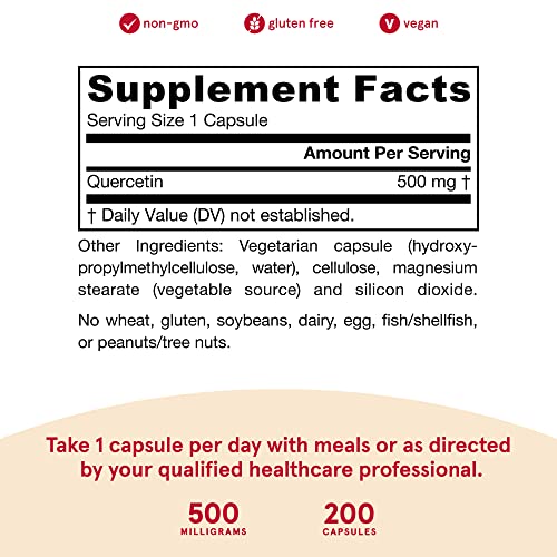 Jarrow Formulas Quercetin 500 mg - Supports Antioxidant Status, Cardiovascular Health and Immune Health - Dietary Supplement - 200 Servings (Veggie Caps) (Packaging May Vary)