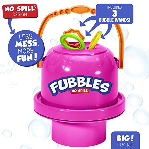 Fubbles Bubbles No-Spill Big Bubble Bucket in Pink | Bubbles for Toddlers and Kids of All Ages | Includes Fubbles Bubbles Bucket and 3 Bubble Wands, Made in The USA