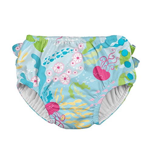 i play. Baby Girls' Ruffle Snap Reusable Absorbent Swim Diaper, Aqua Coral Reef, 12 Months