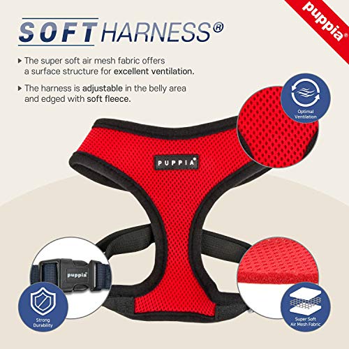 Puppia Soft Dog Harness No Choke Over-The-Head Triple Layered Breathable Mesh Adjustable Chest Belt and Quick-Release Buckle, Red, X-Small