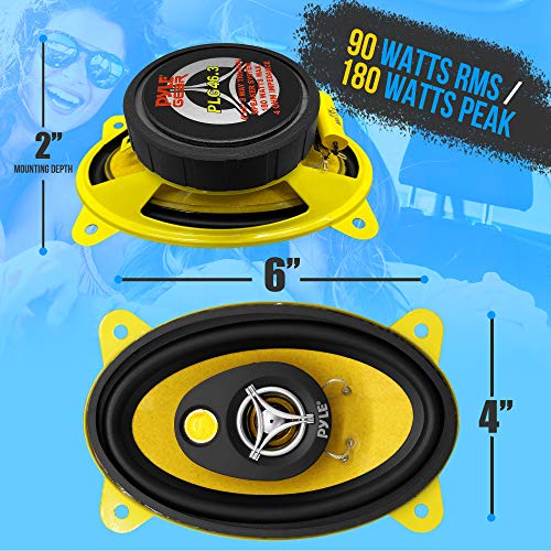Pyle Car Three-Way Speaker System - Pro 4 x 6 Inch 180W 4 Ohm Mid Tweeter Component Audio Sound Speakers For Car Stereo w/ 30 Oz Magnet Structure, 2” Mount Depth Fits Standard OEM - PLG46.3 (Pair),Black/Yellow