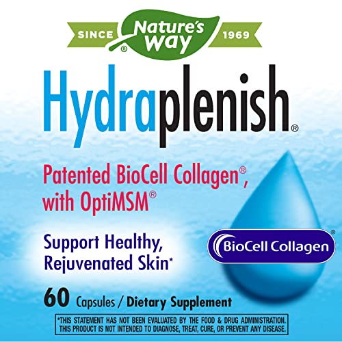 Nature’s Way Hydraplenish, with Patented BioCell Collagen, OptiMSM, Supports Skin Collagen Production*, Promotes Skin Elasticity*, 60 Capsules