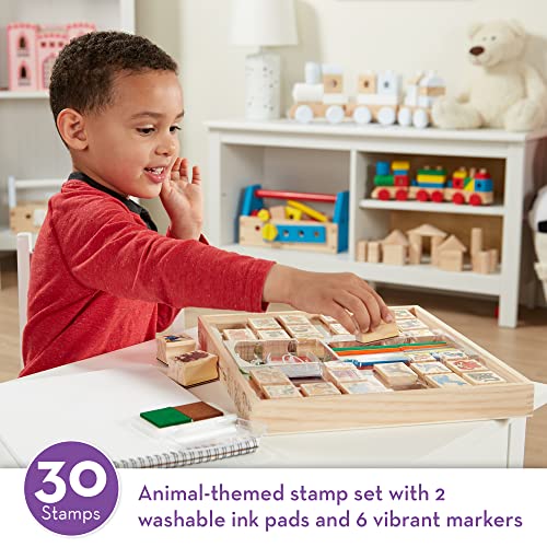 Melissa and Doug Deluxe Wooden Stamp Set: Animals - 30 Stamps, 6 Markers, 2 Stamp Pads - Kids Art Projects, With Washable Ink, Wooden Animal Stamps For Ages 4+