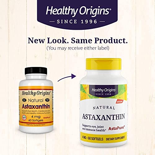 Healthy Origins Astaxanthin 4 mg (Natural, Astapure, Non-GMO, Gluten Free, Eye Support, Joint Support, Immune Support), 60 Softgels