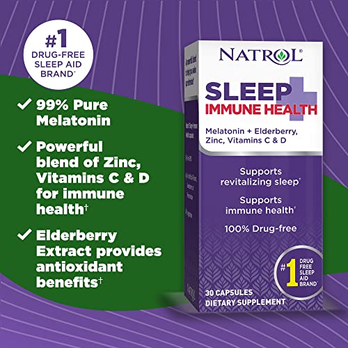 Natrol Sleep+ Immune Health, 6 mg Melatonin + Elderberry, Zinc, Vitamins C and D, 30 Capsules (Servings), Drug Free Sleep Aid and Immune Health Support Supplement, Fall Asleep Faster and Stay Asleep Longer