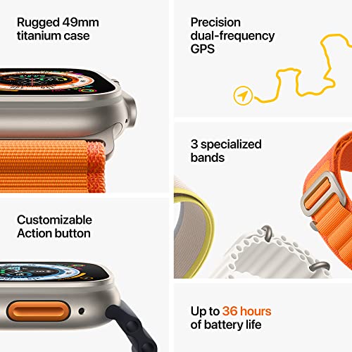 Apple Watch Ultra [GPS + Cellular 49mm] Smart Watch w/Rugged Titanium Case and Orange Alpine Loop Medium. Fitness Tracker, Precision GPS, Action Button, Extra-Long Battery Life, Brighter Retina Display