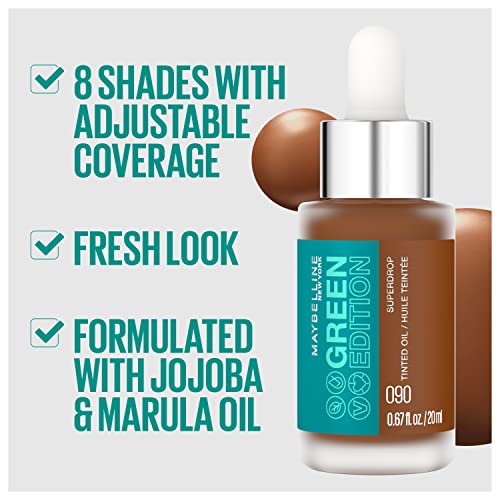 Maybelline Green Edition Superdrop Tinted Oil Base Makeup, Adjustable Natural Coverage Foundation Formulated With Jojoba and Marula Oil, 35, 1 Count