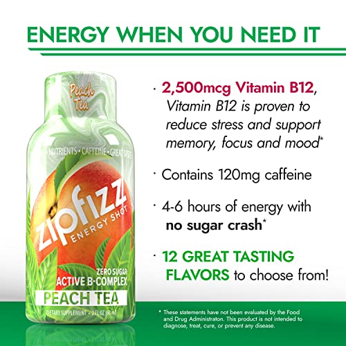 Zipfizz 2oz Energy Shot - Peach Tea Flavor | Hydrating Electrolyte Drinks w/Liquid B12, Caffeine, Ginseng, and Vitamins | Low Carb, Gluten Free, Sugar Free Energy Drink (6 Pack)