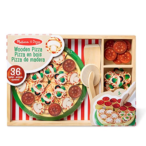 Melissa and Doug Wooden Pizza Play Food Set With 36 Toppings - Pretend Food And Pizza Cutter/ Toy For Kids Ages 3+