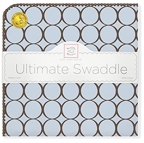 SwaddleDesigns Large Receiving Blanket, Ultimate Swaddle for Baby Boys, Girls, Softest US Cotton Flannel, Multiuse, Best Shower Gift, MADE in USA, Brown Mod Circles on Pastel Blue, Mom’s Choice Winner