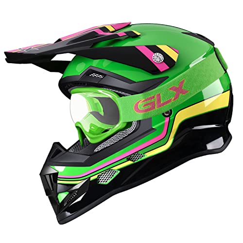 GLX GX623 DOT Kids Youth ATV Off-Road Dirt Bike Motocross Motorcycle Full Face Helmet Combo Gloves Goggles for Boys and Girls (Retro Green, Large)