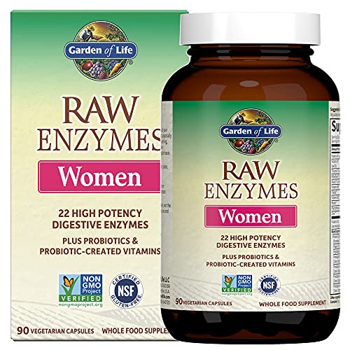 Garden of Life 22 Digestive Enzymes for Women with Bromelain, Papain, Lipase and Lactase Plus Probiotics and Vitamins B12, Biotin and Zinc – RAW Enzymes – Non-GMO, Gluten-Free, Vegetarian, 90 Capsules