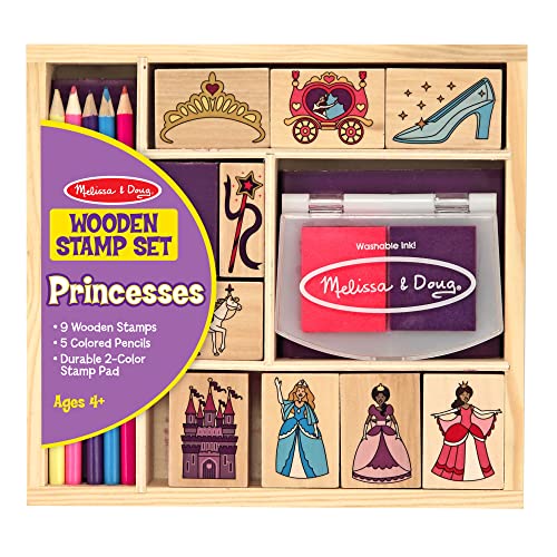 Melissa and Doug Wooden Princess Stamp Set: 9 Stamps, 5 Colored Pencils, and 2-Color Stamp Pad