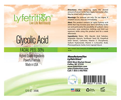 Lyfetrition Glycolic Acid/AHA 30% Renewal Serum, infused with Vitamins C and E for Skin Brightening, Exfoliating Serum Works for Dark Spots, Acne, and Reduces Fine Lines and Wrinkles - (12 Fl Oz)