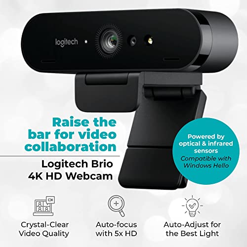 YandR Bundles Logitech Brio 4K HD Webcam with Microphone for Desktop with Tripod and Universal Mount - Logitech Webcam USB Computer Camera - Ultra Pro Wide Angle Webcam Streaming for Meetings and Gaming