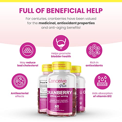 CONCEIVE PLUS Cranberry Gummies - 1000mg Strength Cranberry Gummy Vitamins, Urinary Health, 60 Gummy Count, 30 Day Supply