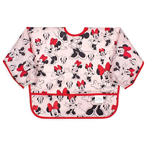 Bumkins Sleeved Baby or Toddler Bib, Smock, Waterproof Fabric, Fits Ages 6-24 Months, Disney Minnie Mouse Classic