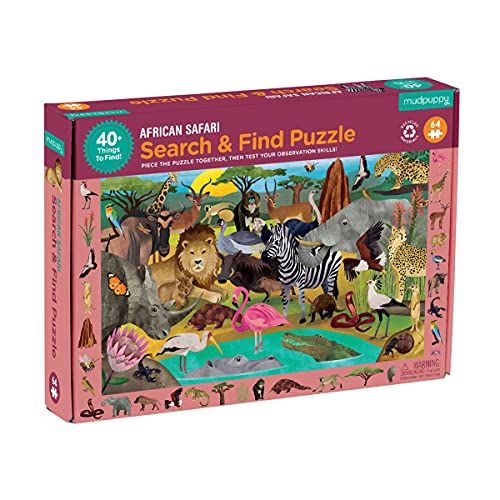Mudpuppy African Safari Search and Find Puzzle, 64 Pieces, 23” x 15.5” – Jigsaw Puzzle for Kids Age 4+, Colorful Illustrations of Animals, Insects and Plants, Complete Puzzle to Find 40+ Hidden Images