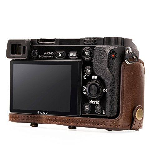 MegaGear 'Ever Ready' Leather Camera Case – Easy to Install, Tripod and Peripheral Friendly Accessory – Compatible with Sony Alpha A6000, A6300 (Dark Brown)