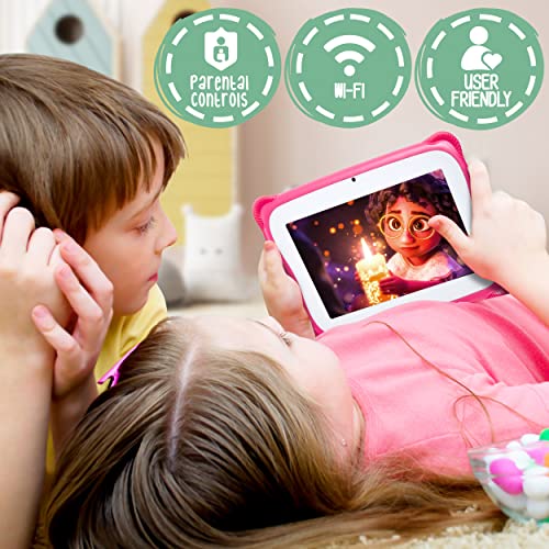 Kids Tablet W/Stylus Pen 7 Inch WiFi Android 10 Children Tablet 1GB RAM 8 GB Storage Quad-Core 2800 mAH Parental Control Educational Learning Games Dual Camera YouTube Toddler/Kid Proof Case (Pink)