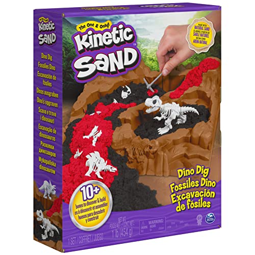 Kinetic Sand, Dino Dig Playset with 10 Hidden Dinosaur Bones, Play Sand Sensory Toys for Kids Aged 6 and up