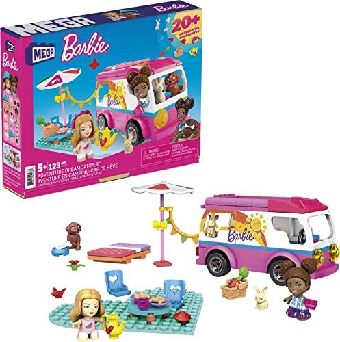MEGA Barbie Camper Building Toy Vehicle Playset, Adventure Dreamcamper With 123 Pieces, 2 Micro-Dolls, Accessories, Pets and Furniture,