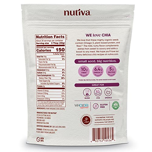 Nutiva USDA Organic Premium Nutrient-Dense Raw Black Chia Seeds with 3g Protein and 5g Fiber for Salads, Yogurt and Smoothies, Non-GMO, Vegan, Gluten-Free, Keto and Paleo, 32 Ounce (Pack of 1)